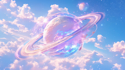 Poster - Glass Planet with Rings in Pink Clouds for Fantasy Background