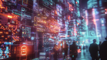 Poster - Neon Cityscape with Digital Interface for Cyberpunk Background