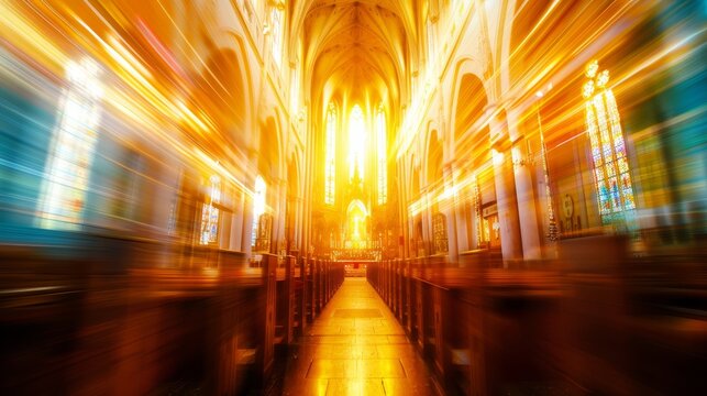 Catholic church with camera zoom effect. Dynamic photography in the temple