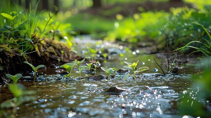 Wall Mural - Beautiful spring close-up of fresh water stream with young green plants, horizontal banner for springtime concepts in outdoor wild nature background