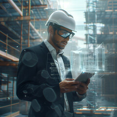 Wall Mural - photography Handsome young architect manager front view, with a tablet with a building holograpic projection, vr glasses , half body, construction helmet, amazing futuristic building