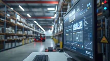 Poster - warehouse operations monitoring via software. warehouse operations monitored by software displayed o