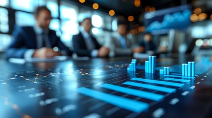 Poster - Business Meeting with Financial Graphs on Table. Business team in a meeting room, focused on a table with financial graphs and charts, blurred background.