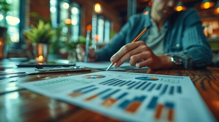 Poster - Businessman Reviewing Data at Desk. Businessman sitting at a desk in an office, reviewing charts and graphs, focused on financial data analysis.