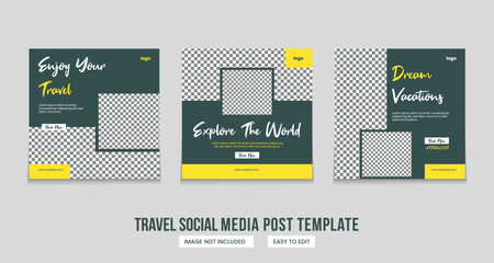 Travel sale social media post template set. Web banner, carousel or poster collection for traveling agency business promotion. Holiday and tour advertisement post-design