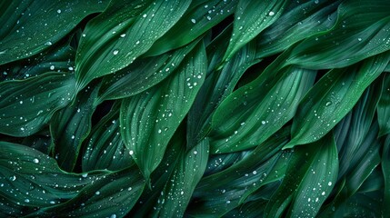 Wall Mural - Tropical leaf foliage with rain water drops on dark green texture, abstract nature pattern background