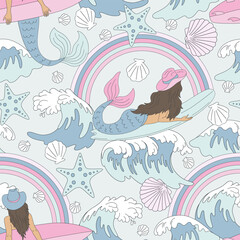 Wall Mural - Howdy Mermaid surfing on waves vector seamless pattern. Coastal cowgirl background.