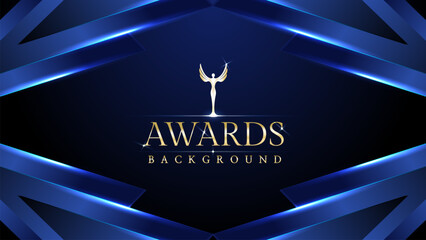 Dark blue golden royal awards graphics background. Lines growing elegant shine spark. Luxury premium corporate abstract design template.