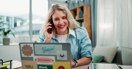 Aufkleber - Woman, copywriter and phone call with laptop, work and typing for deadline in home for company or business. Female person, tech and talking for project, assignment or article in media or publication