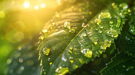 Wall Mural - Macro shot: transparent rain water drops on green leaf with morning dew, sunlit leaf texture in nature