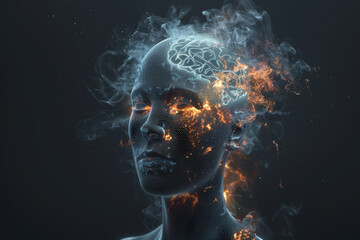 Poster - A woman's face is shown with a fire burning through it