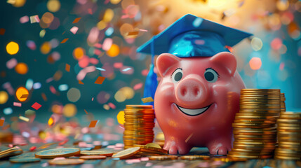Wall Mural - Piggy bank wearing graduation hat with coins and graduation hats flying in the sky with confetti in the background. educational loan symbol
