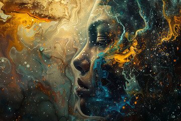 Poster - A woman's face is painted in a swirl of colors, with blue