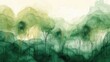 © Khritthithat - Abstract forest scene, muted watercolor greens, golden line art for tree outlines and leaves