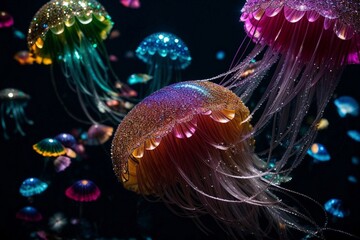 Jellyfish glowing in deep blue