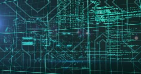  - Digital code and geometric patterns are displayed on futuristic screen
