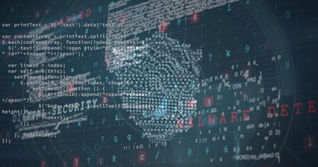 Poster - Digital code and text forming fingerprint with MALWARE DETECTED in red