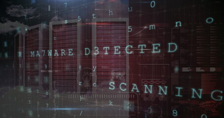 Poster - Digital interface showing Malware Detected and Scanning text overlaying server racks
