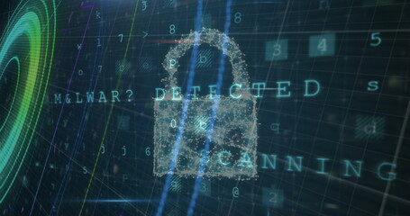 Poster - Digital lock icon with text Malware Detected and Scanning on dark background