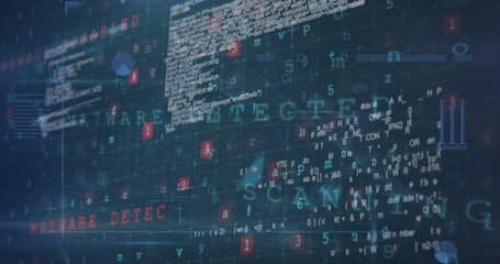 Poster - Lines of code and digital symbols are displayed on dark screen