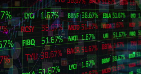 Poster - Stock market data with various ticker symbols and percentages displayed in red and green