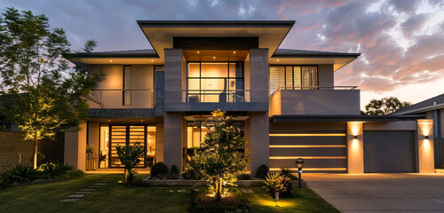 Wall Mural - Warm taupe modern house with an understated elegance and spacious interiors, located in a tranquil suburb.