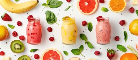Wall Mural - An artistic display featuring smoothies and fruits arranged in a creative layout on a white background, emphasizing a food concept with a flat lay perspective.