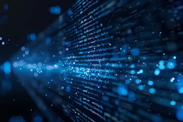 Poster - Digital data stream of blue numbers and code flowing in the dark space, abstract background for technology or digital information concept with binary number on black screen
