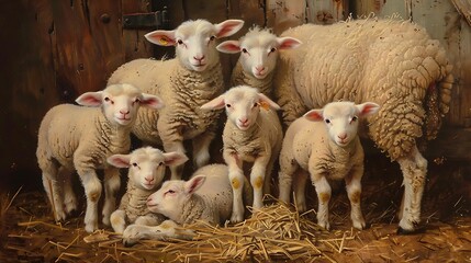 Wall Mural - White faced new born lleyn lambs with ewes on a farm at lambing time