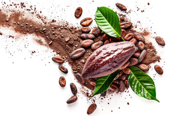 Wall Mural - Cocoa beans in pod and leaves with powder isolated on a white background. Tropical fruit.