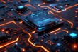 © adri - a circuit board with orange and blue glowing lines and numbers floating above it.