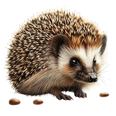 Wall Mural - Cute hedgehog with spiky fur and brown eyes, posing  isolated on white background. 