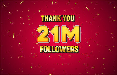 Wall Mural - Golden 21M isolated on red background with golden confetti, Thank you followers peoples, 21M online social group, 22M 