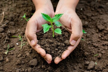 Hand holding a plant against a blurred green natural background with sunlight.