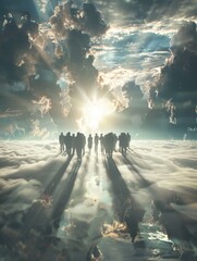Wall Mural - a group of people are standing in the clouds, with the sun shining down on them