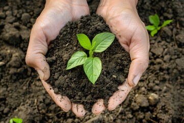 Hand holding a plant against a blurred green natural background with sunlight.