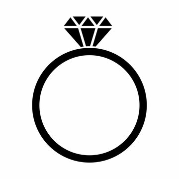 Icon of one ring with diamond or other gem. Engagement or marriage ring, jewelry. Isolated object. Vector black symbol, sign.