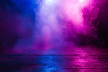 Wall Mural - Dark empty scene with neon light and smoke, spotlight on the floor. Background for product presentation in dark room. Dark background.
