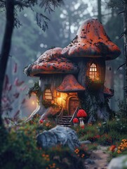 Sticker - A small house made of mushrooms sits in a forest