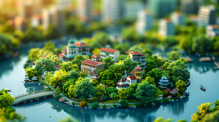 Illustration of a complete set of a miniature city - tilt shift camera view - Building, parks, bridges, houses, markets