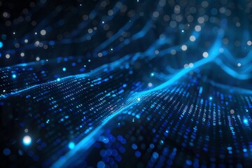 Poster - Digital data stream of blue numbers and code flowing in the dark space, abstract background for technology or digital information concept with binary number on black screen