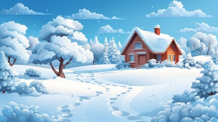 Wall Mural - A cozy mountain cabin in winter season, colorful cartoon style illustrations. 