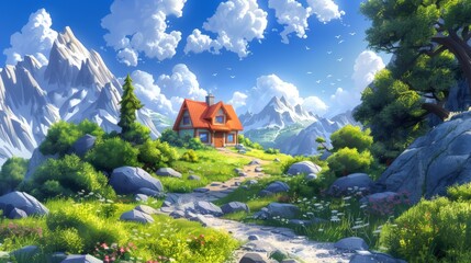 A cozy mountain cabin, colorful cartoon style illustrations. 