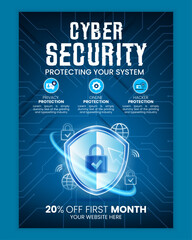 cyber security modern banner or flyer template, cybersecurity information safety leaflet design or f