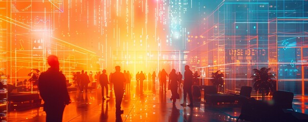 Poster - A vibrant, open space office with neon lights and a cyberpunk vibe, featuring blurred professionals and digital overlays of financial charts, symbolizing a corporate strategy for finance.