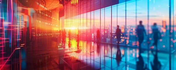 Poster - A neon-lit cyberpunk office with an open layout, featuring blurred employees and digital overlays of financial metrics. The image captures a cutting-edge corporate finance strategy.