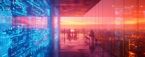 Poster - a neon-lit cyberpunk office with an open layout, featuring blurred employees and digital overlays of