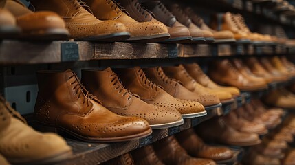 Wall Mural - A close - up shot of a rack of shoes in a high - end shoe store. A stylish shoe store with well-organized shelves displaying a fashionable collection of leather shoes