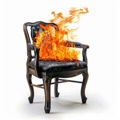 Burning chair isolated on white background. burning fire object concept for designer