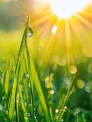 Sticker - A field of grass with a sun shining on it and a drop of water on a leaf